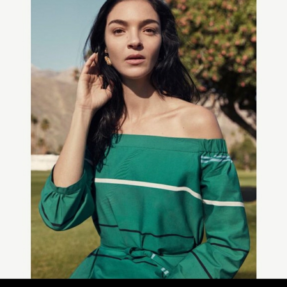 Ann Taylor OFF THE SHOULDER STRIPED POPLIN DRESS IN PEPPER GREEN SIZE 4 NWOT. - Picture 2 of 3